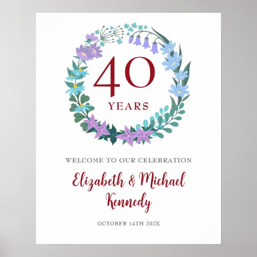 40th Anniversary Ruby Welcome Floral Wreath Sign