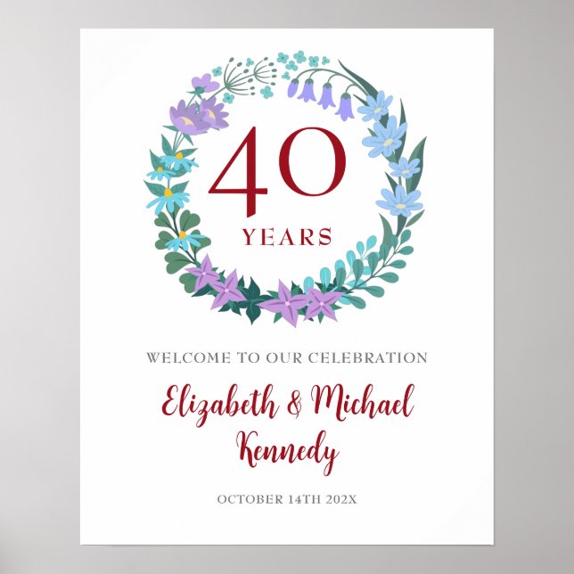 40th Anniversary Ruby Welcome Floral Wreath Sign (Front)