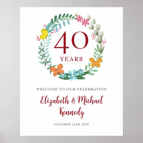 40th Anniversary Ruby Welcome Floral Wreath Sign