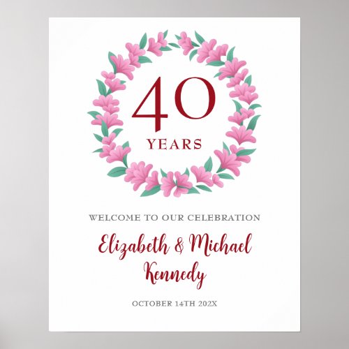 40th Anniversary Ruby Welcome Floral Wreath Sign