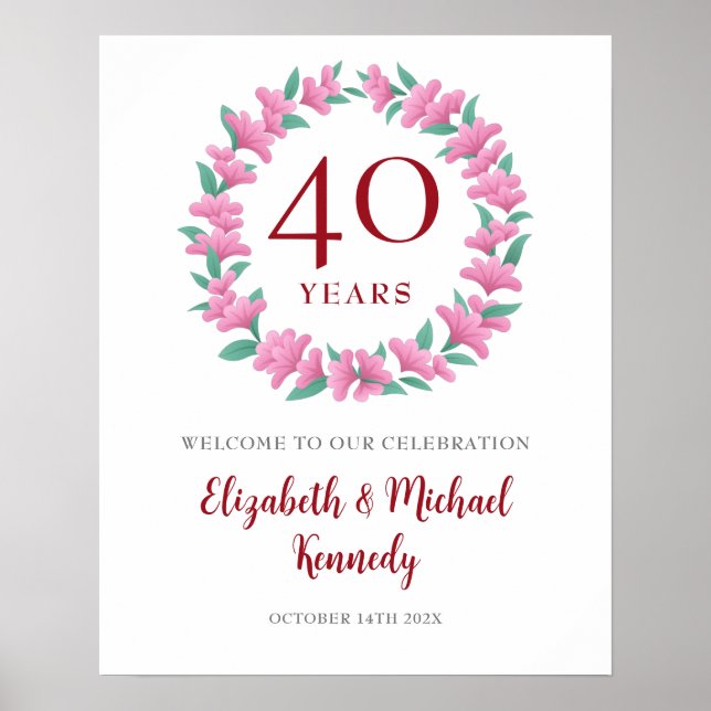 40th Anniversary Ruby Welcome Floral Wreath Sign (Front)