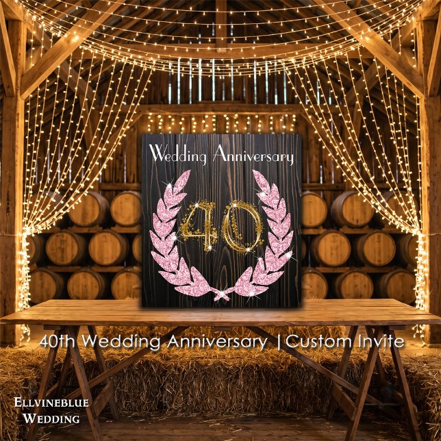 40th Anniversary | Rustic Wood, Ruby & Gold Invitation (40th Wedding Anniversary Invite | Rustic Wood & Ruby Laurel. Size: 5.25” x 5.25”)