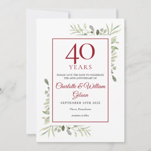 40th Anniversary Save the Date Watercolor Greenery