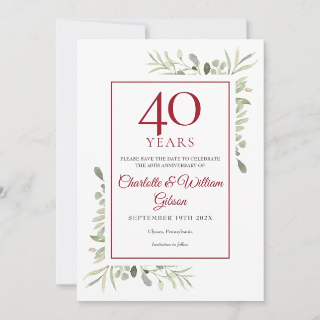 40th Anniversary Save the Date Watercolor Greenery (Front)