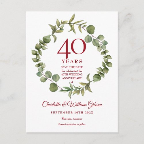 40th Anniversary Save the Date Woodland Greenery  Announcement Postcard