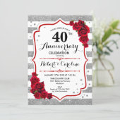 40th Anniversary - Silver White Red Roses Invitation (Standing Front)
