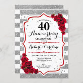 40th Anniversary - Silver White Red Roses Invitation (Front/Back)