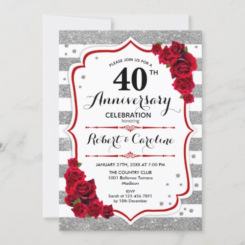 40th Anniversary _ Silver White Red Roses Invitation