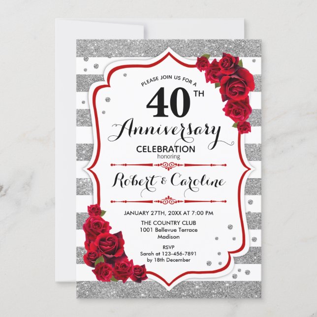 40th Anniversary - Silver White Red Roses Invitation (Front)