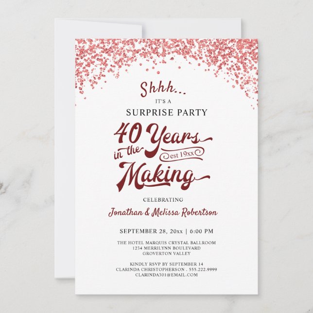 40th Anniversary Surprise Party Ruby Red Confetti Invitation (Front)