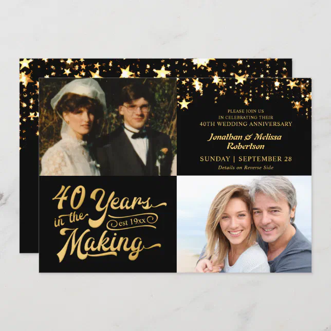 40th Anniversary Then & Now Photos Black and Gold Invitation | Zazzle