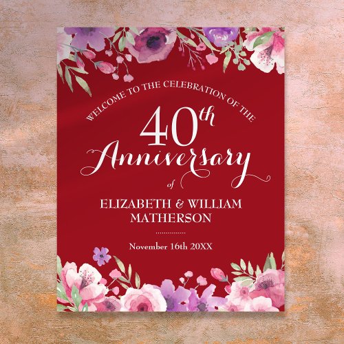 40th Anniversary Watercolor Roses Welcome Sign