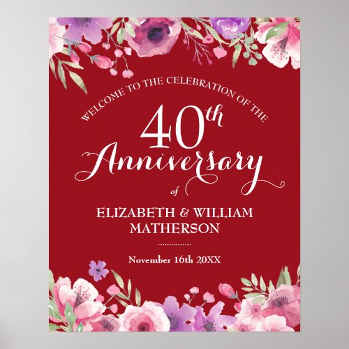 40th Anniversary Watercolour Roses Welcome Sign