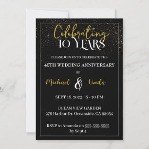 40th Anniversary Wedding Black Gold Golden Invitat Invitation