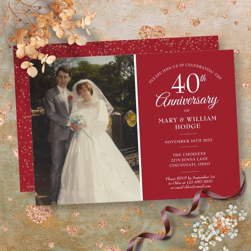 40th Anniversary Wedding Photo Ruby Confetti Invitation