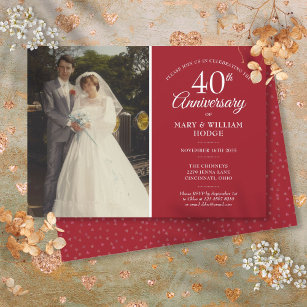 40th Anniversary Wedding Photo Ruby Heart Confetti Invitation