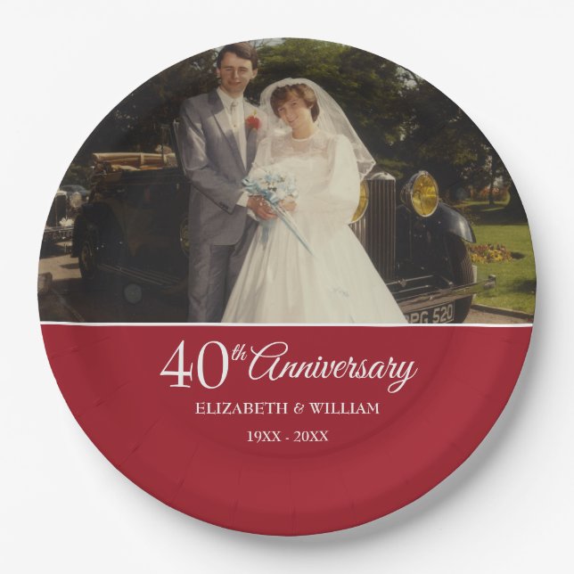 40th Anniversary Wedding Photo Ruby Paper Plates (Front)