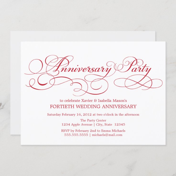 40th Anniversary | White/Red Invitation | Zazzle