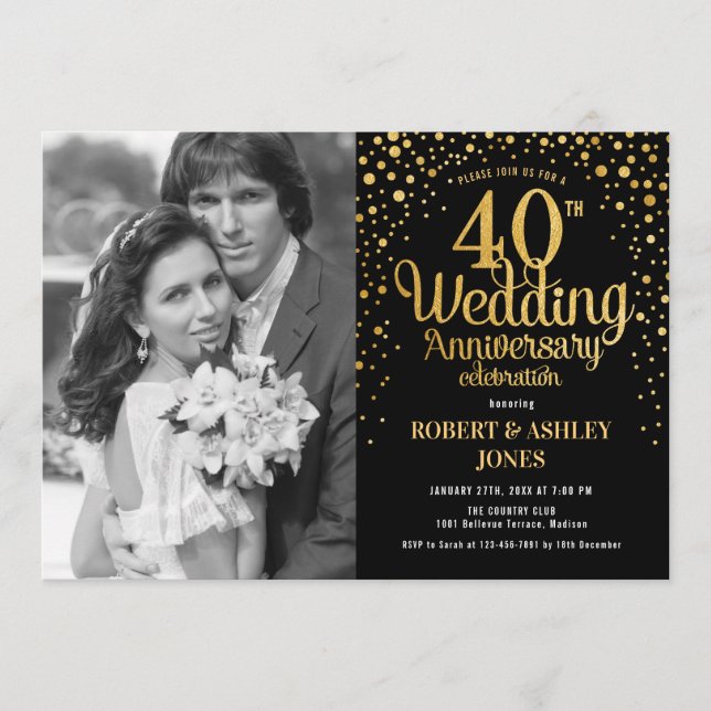 40th Anniversary with Photo - Black Gold Invitation (Front)