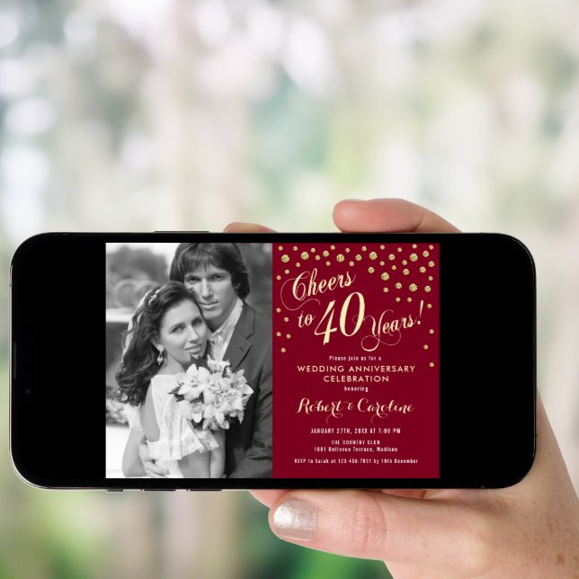 40th Anniversary with Photo - Gold Ruby Red Invitation (Front Digital)