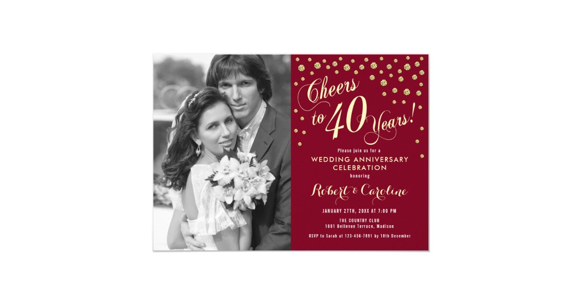 40th Anniversary with Photo - Gold Ruby Red Invitation | Zazzle.com