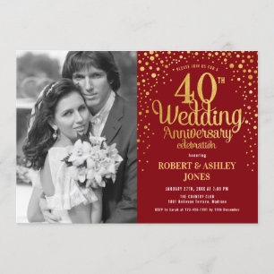 40th Anniversary with Photo - Red Gold Invitation
