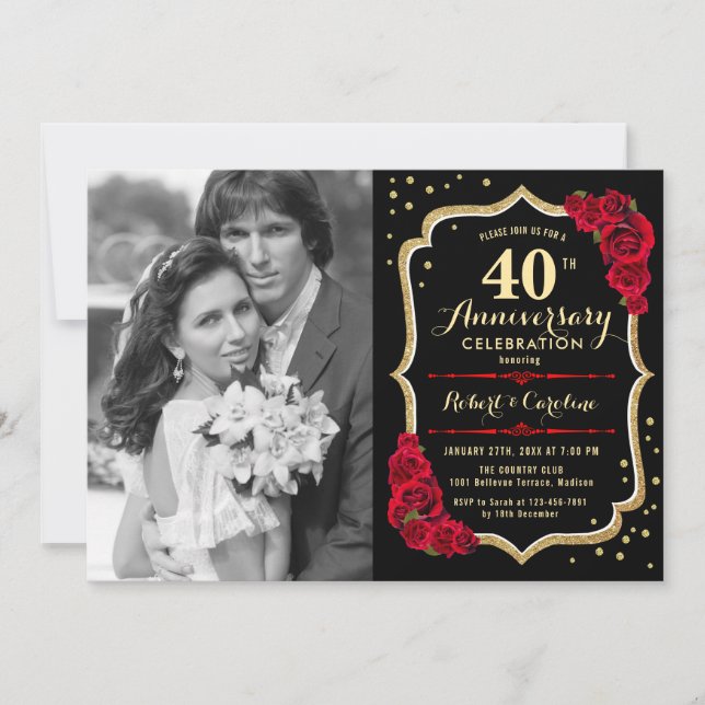 40th Anniversary with Photo - Red Roses Gold Black Invitation (Front)