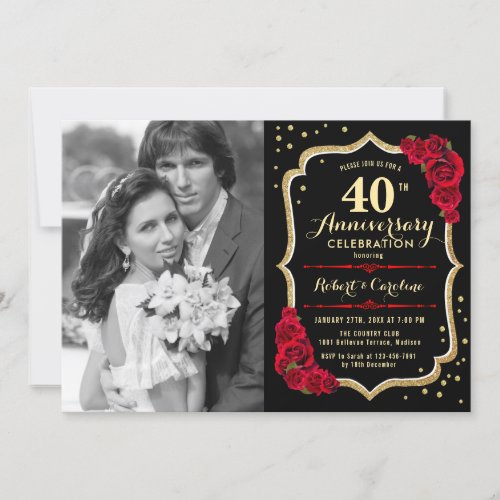 40th Anniversary with Photo _ Red Roses Gold Black Invitation