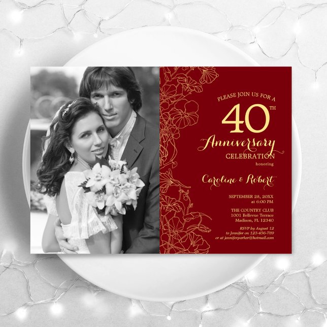 40th Anniversary With Photo Ruby Red Gold Floral Invitation (Creator Uploaded)