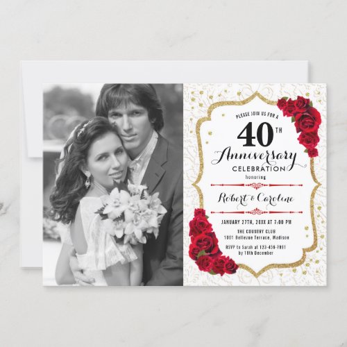 40th Anniversary with Photo _ Ruby Red Gold Invitation