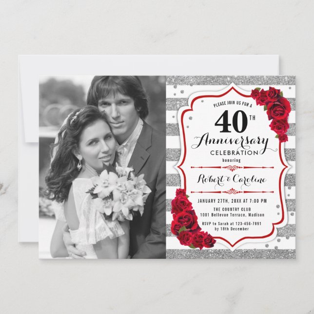 40th Anniversary with Photo - Ruby Red Silver Invitation (Front)