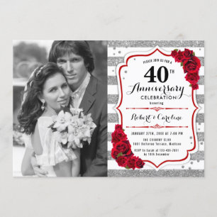 40th Anniversary with Photo - Ruby Red Silver Invitation
