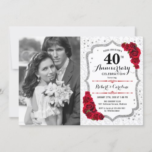 40th Anniversary with Photo _ Ruby Red Silver Invitation