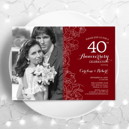 40th Anniversary With Photo Ruby Red White Floral Invitation