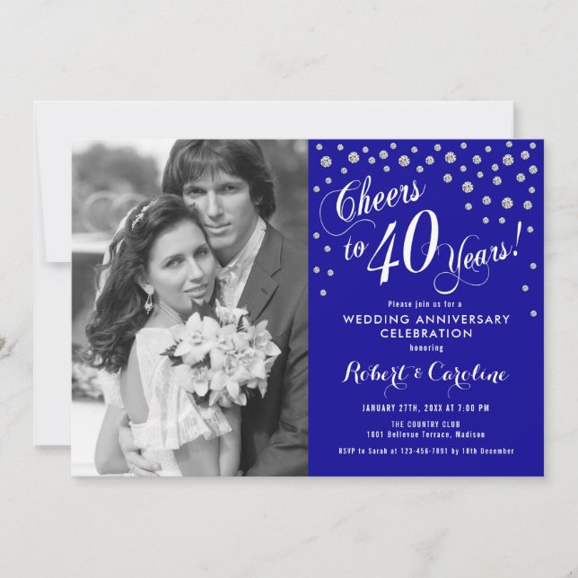 40th Anniversary with Photo - Sapphire Blue Silver Invitation (Front)