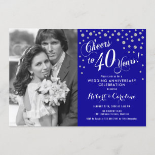 40th Anniversary with Photo - Sapphire Blue Silver Invitation