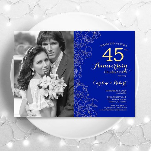 40th Anniversary With Photo Sapphire Gold Floral Invitation