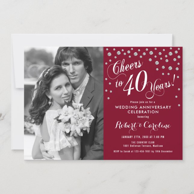40th Anniversary with Photo - Silver Ruby Red Invitation (Front)