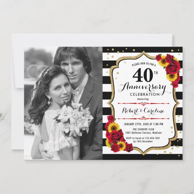 40th Anniversary with Photo - Sunflowers Roses Invitation (Front)