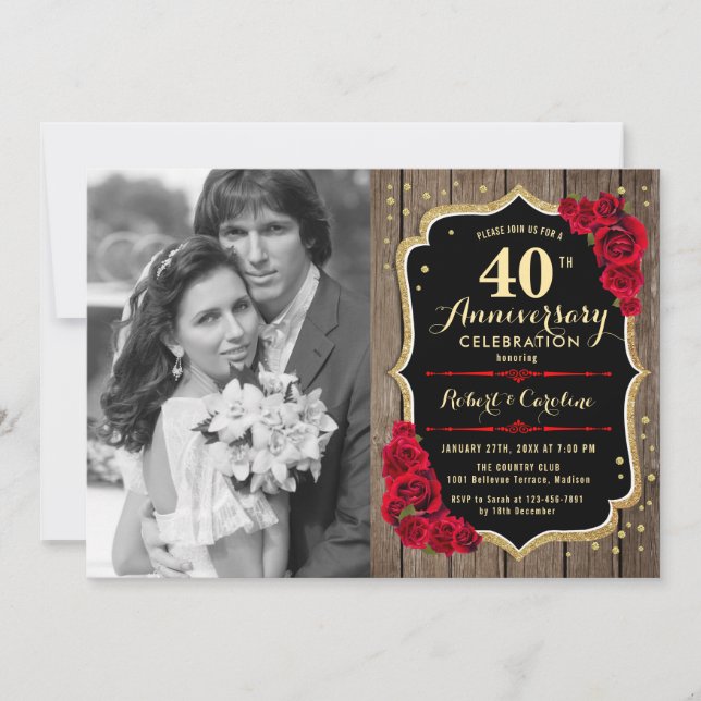 40th Anniversary with Photo - Wood & Red Roses Invitation (Front)