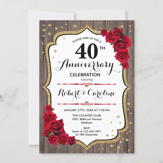 40th Anniversary - Wood Red Gold Invitation (Front)