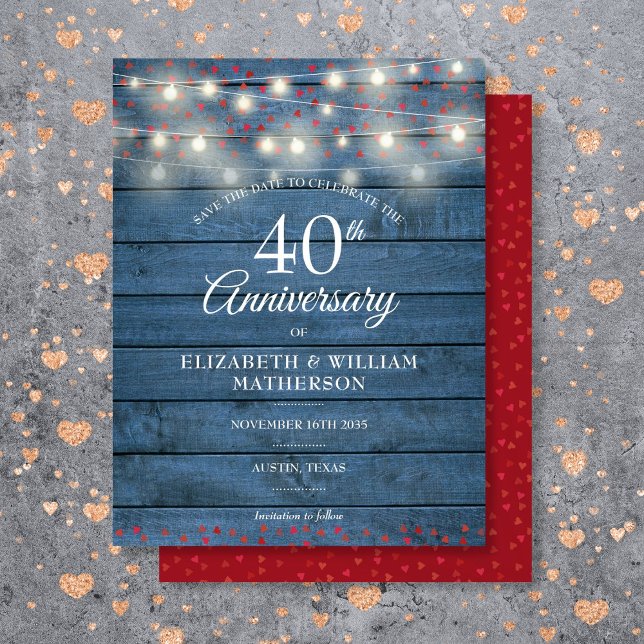 40th Anniversary Wood String Lights Save the Date Announcement Postcard (40th Anniversary Wood String Lights Save the Date Announcement Postcard)