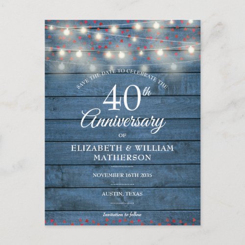 40th Anniversary Wood String Lights Save the Date Announcement Postcard