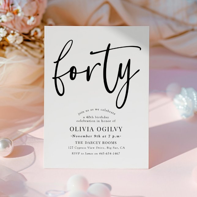 40th B&W Birthday Party Modern Script Typography Invitation (Creator Uploaded)