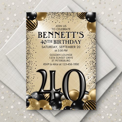 40th Balloons Black Gold Birthday Invitation