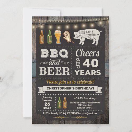40th BBQ Barbecue  Beer Birthday Invitation