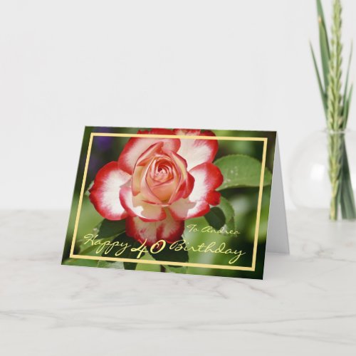 40th Bday Andrea White Red Rose Elegant Gold Frame Card
