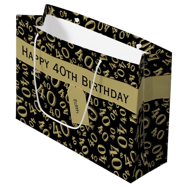 40th Biirthday Random Number Pattern Black/Gold Large Gift Bag (Front Angled)