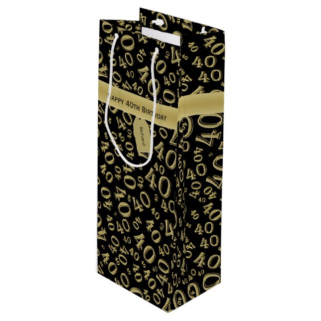 40th Biirthday Random Number Pattern Black/Gold Wine Gift Bag (Front Angled)