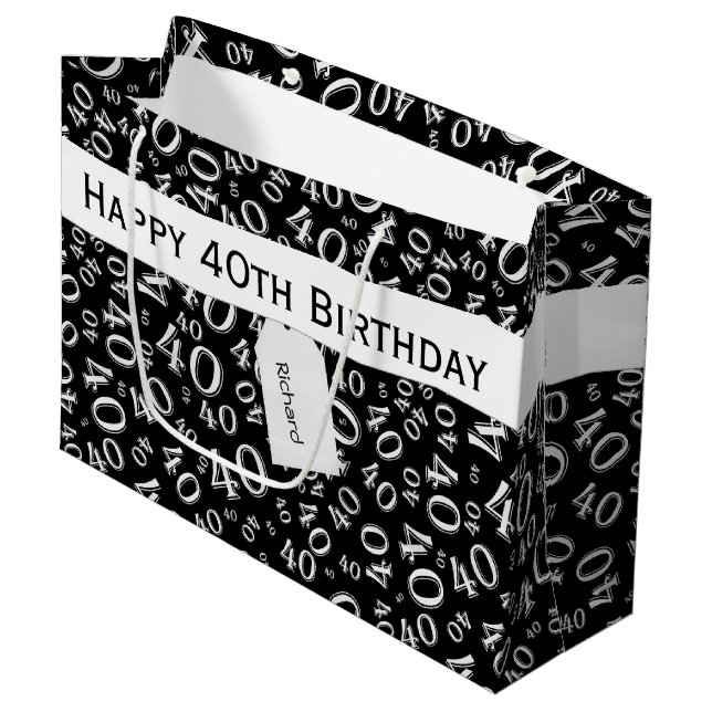 40th Biirthday Random Number Pattern Black/White Large Gift Bag (Front Angled)